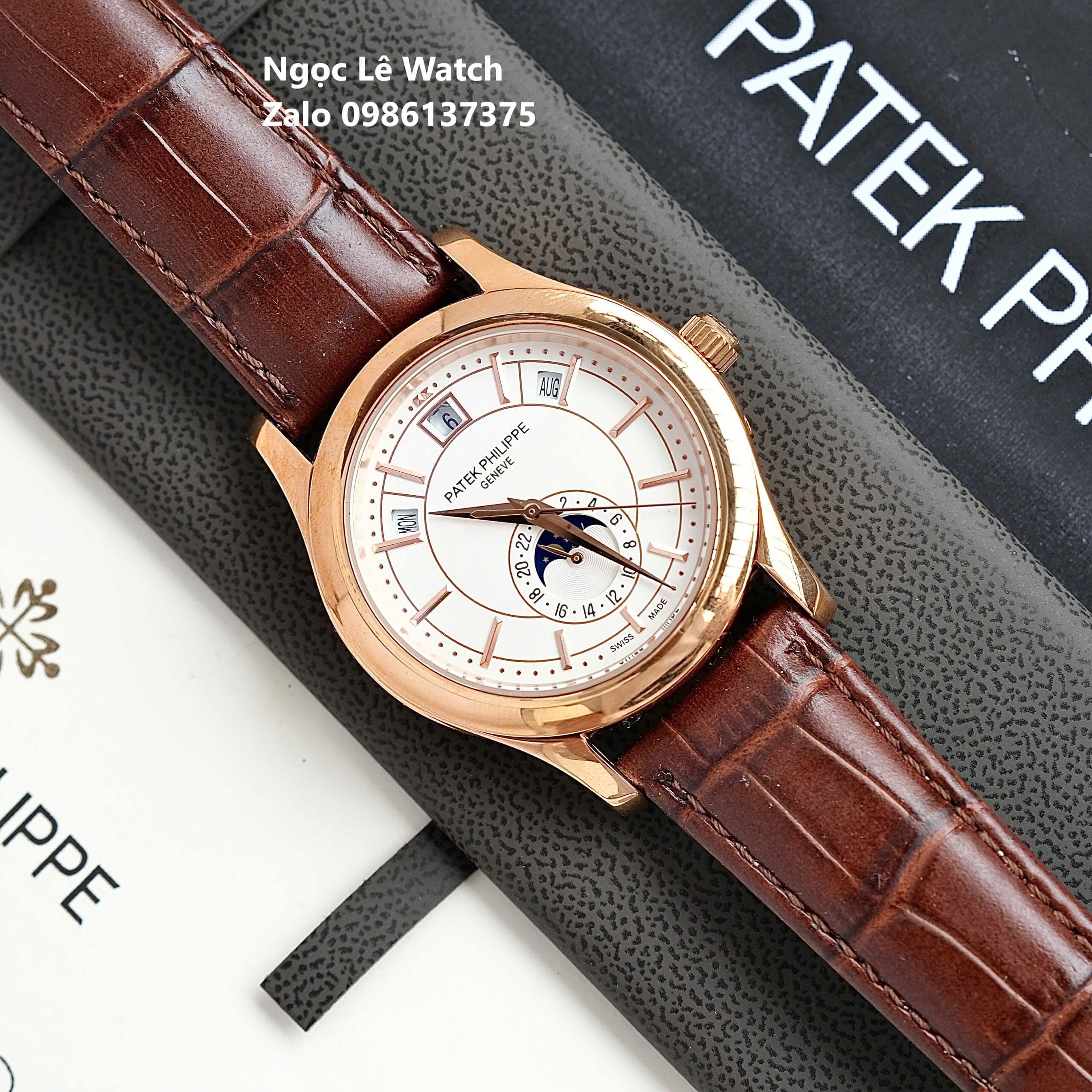 Đồng Hồ Nam Patek Philippe Tự Động Dây Da Nâu Mặt Trắng Size 40mm - Vỏ Rose Gold