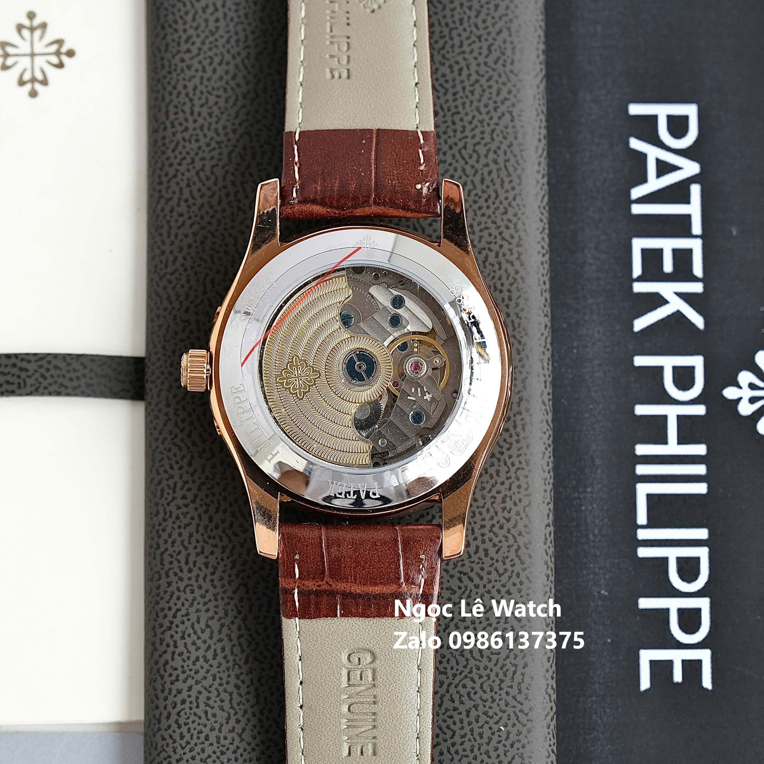Đồng Hồ Nam Patek Philippe Tự Động Dây Da Nâu Mặt Trắng Size 40mm - Vỏ Rose Gold