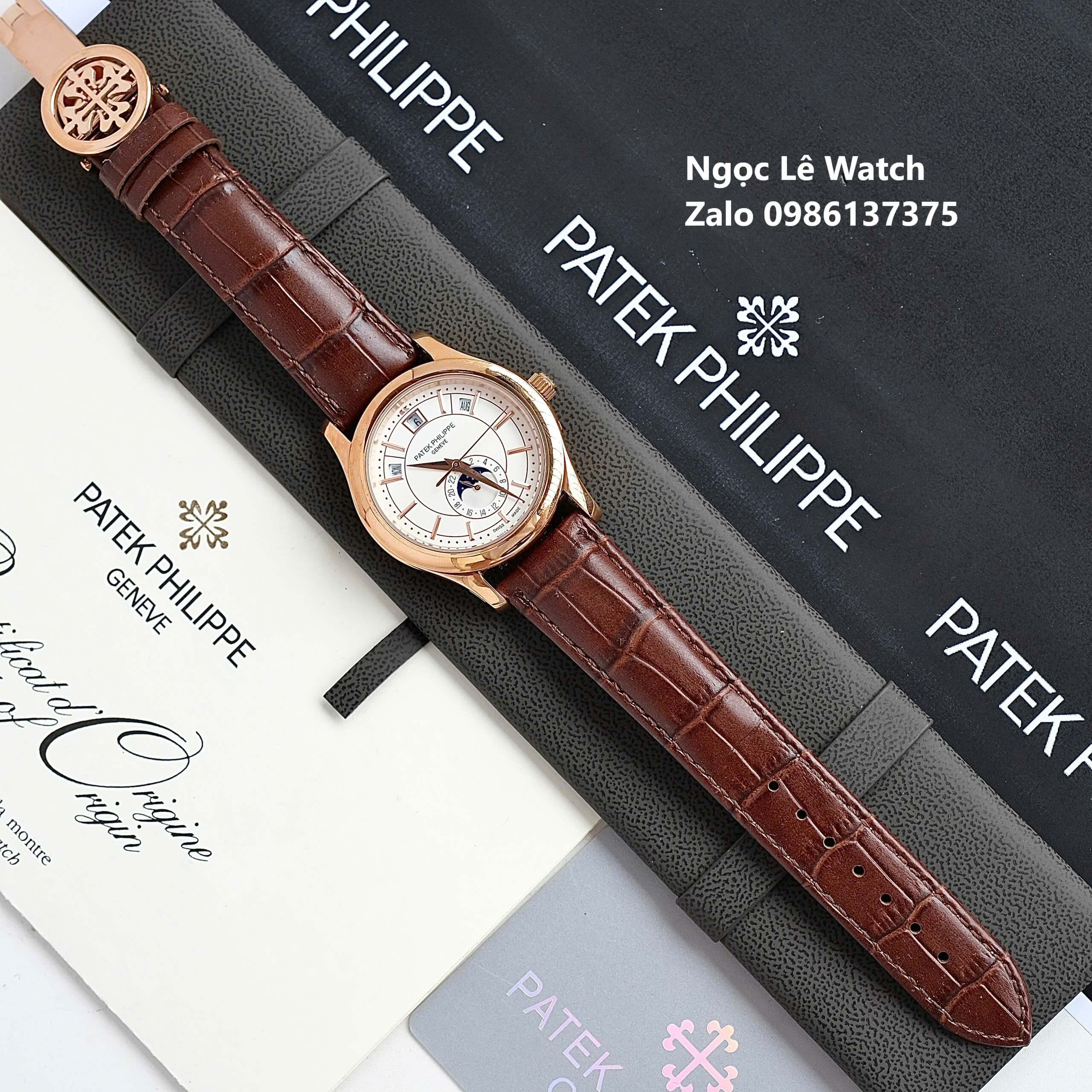 Đồng Hồ Nam Patek Philippe Tự Động Dây Da Nâu Mặt Trắng Size 40mm - Vỏ Rose Gold