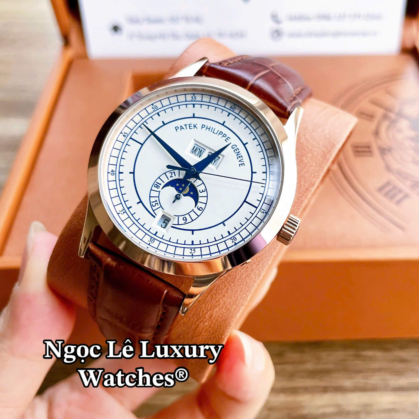 Đồng Hồ Nam Patek Philippe Complications Tự Động Dây Da Nâu Mặt Trắng Vỏ Rose Size 40mm
