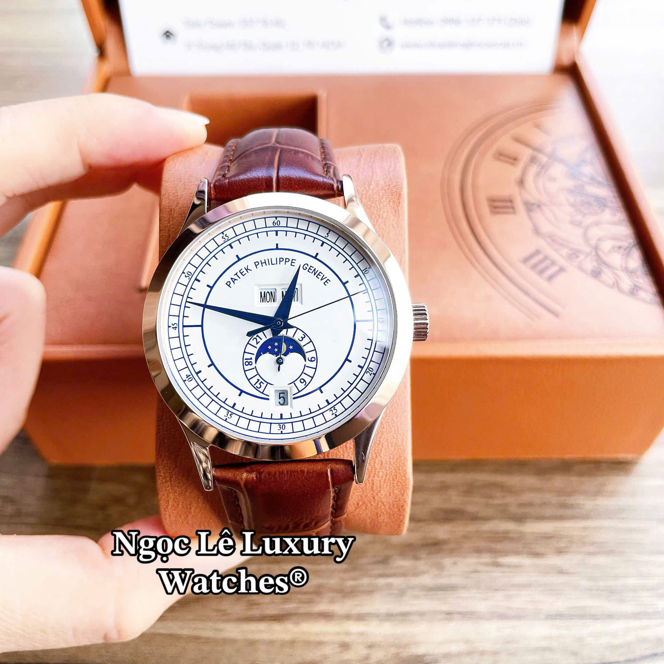 Đồng Hồ Nam Patek Philippe Complications Tự Động Dây Da Nâu Mặt Trắng Vỏ Rose Size 40mm