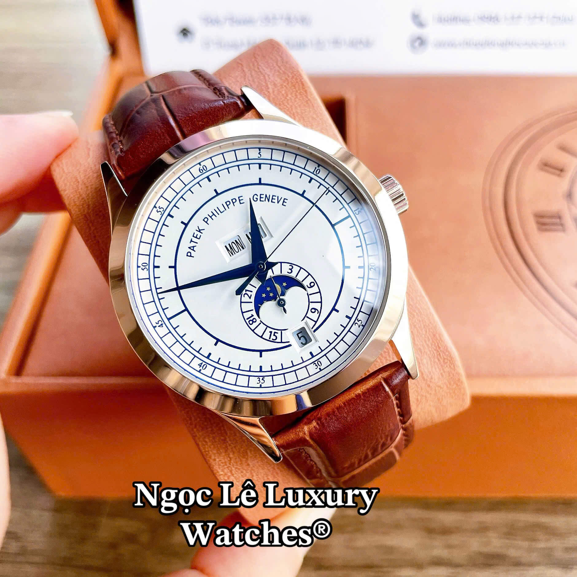 Đồng Hồ Nam Patek Philippe Complications Tự Động Dây Da Nâu Mặt Trắng Vỏ Rose Size 40mm