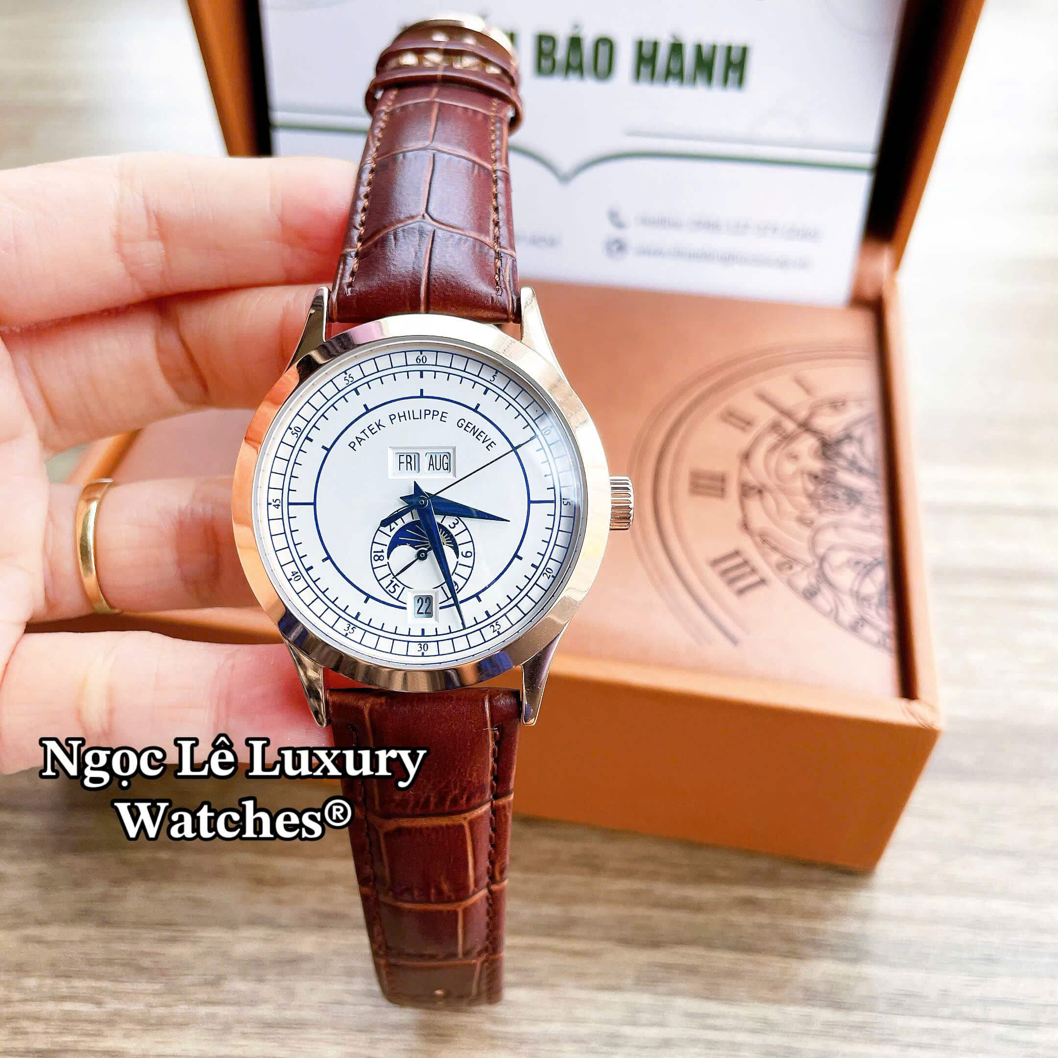 Đồng Hồ Nam Patek Philippe Complications Tự Động Dây Da Nâu Mặt Trắng Vỏ Rose Size 40mm