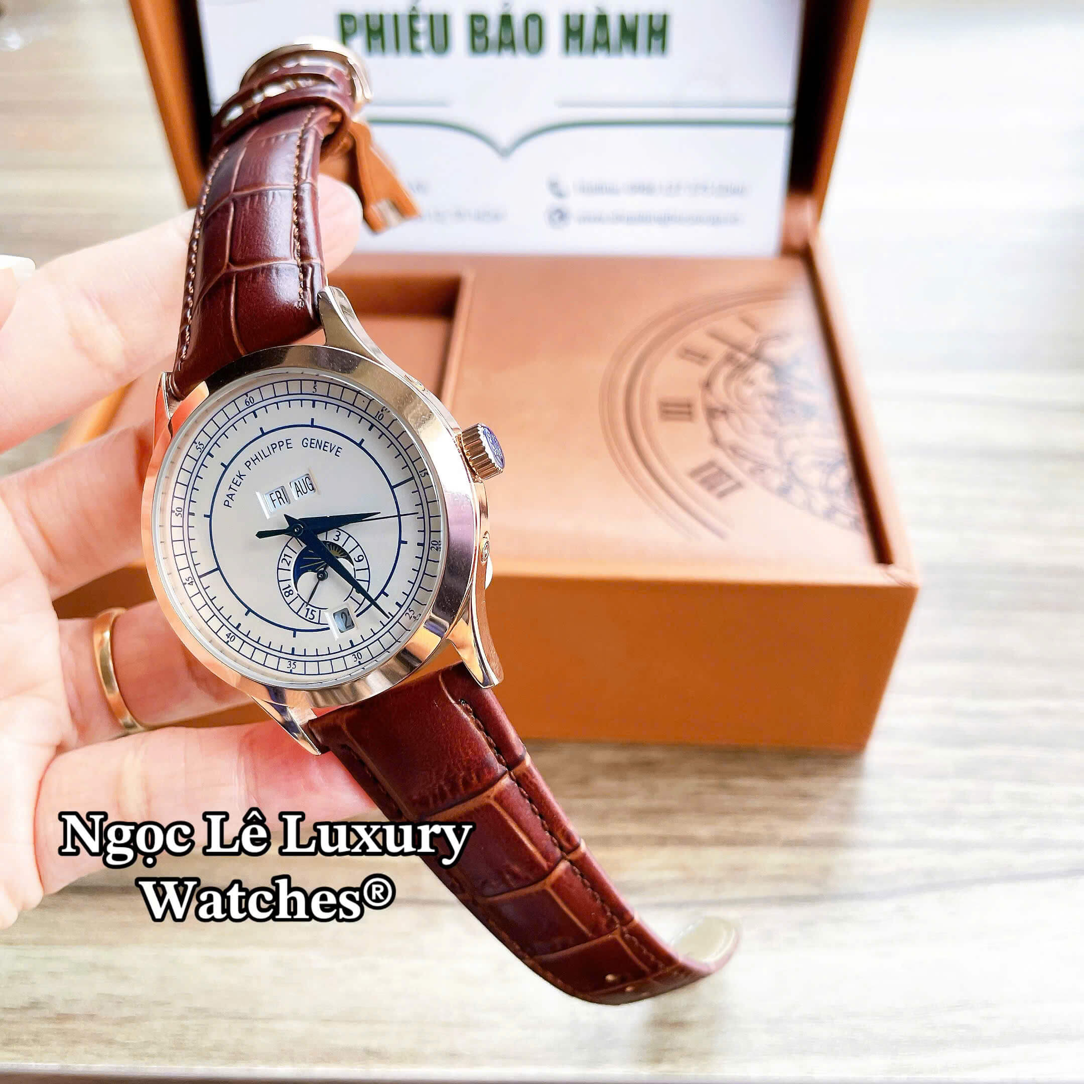 Đồng Hồ Nam Patek Philippe Complications Tự Động Dây Da Nâu Mặt Trắng Vỏ Rose Size 40mm