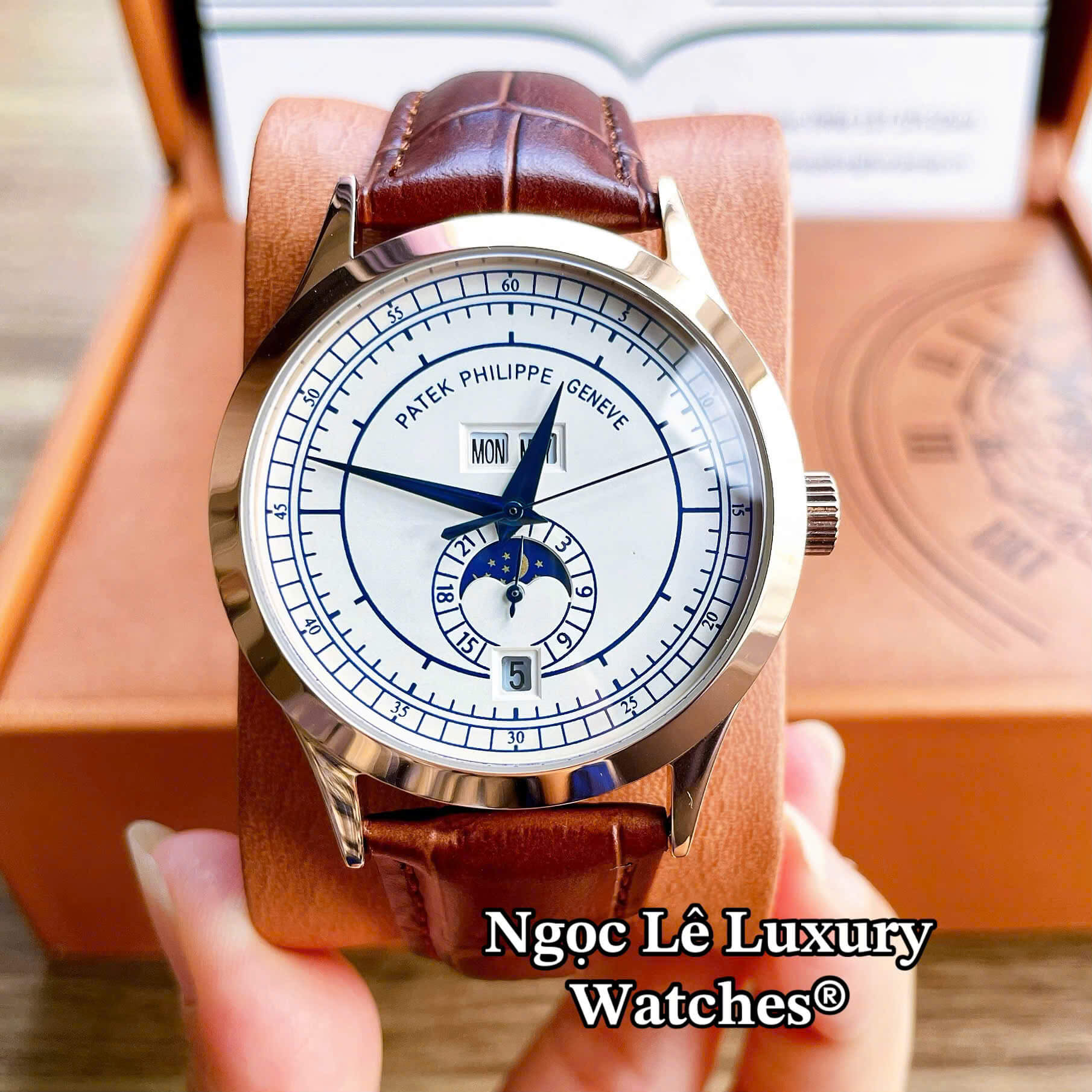 Đồng Hồ Nam Patek Philippe Complications Tự Động Dây Da Nâu Mặt Trắng Vỏ Rose Size 40mm