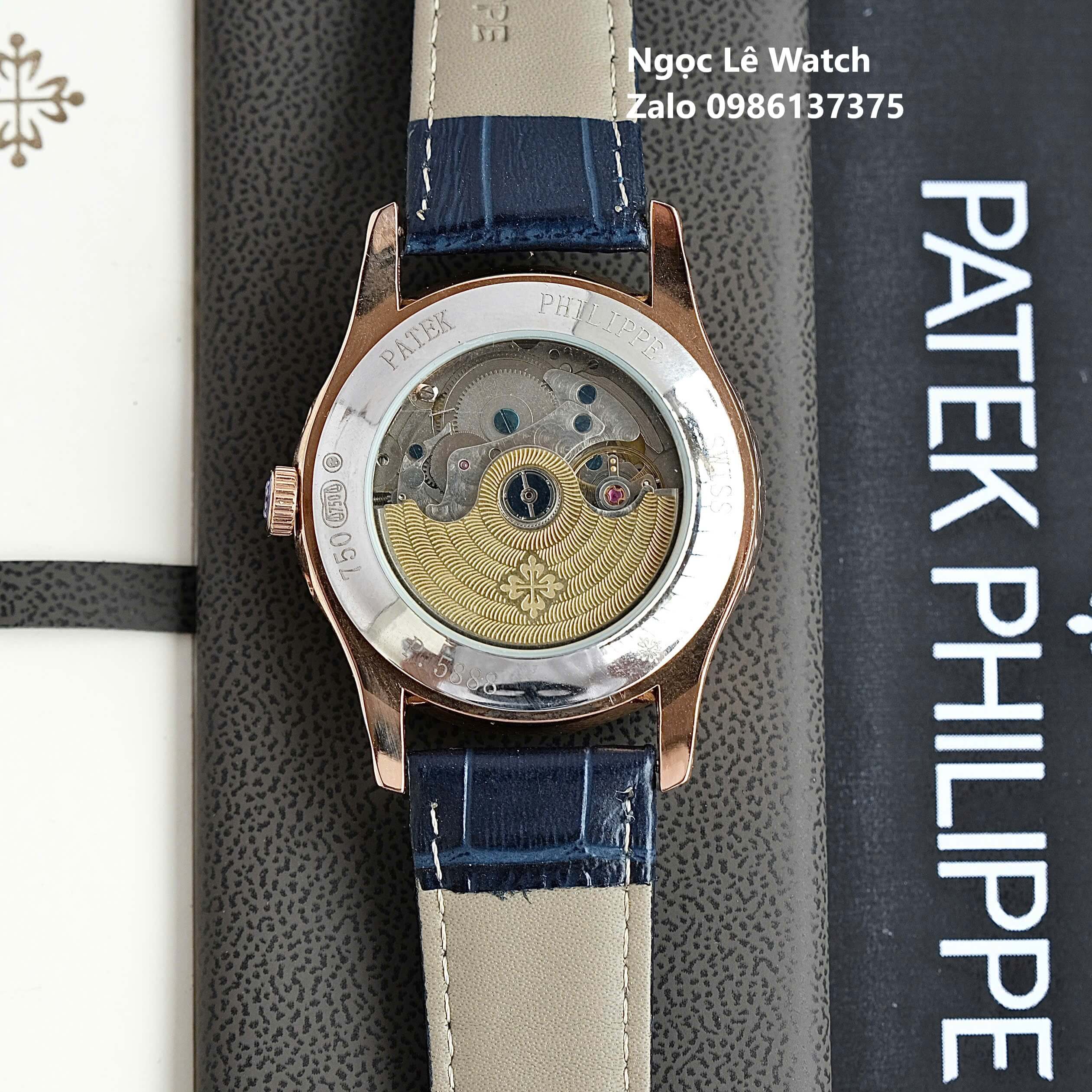 Đồng Hồ Nam Patek Philippe Tự Động Dây Da Xanh Mặt Xanh Size 40mm - Vỏ Rose Gold