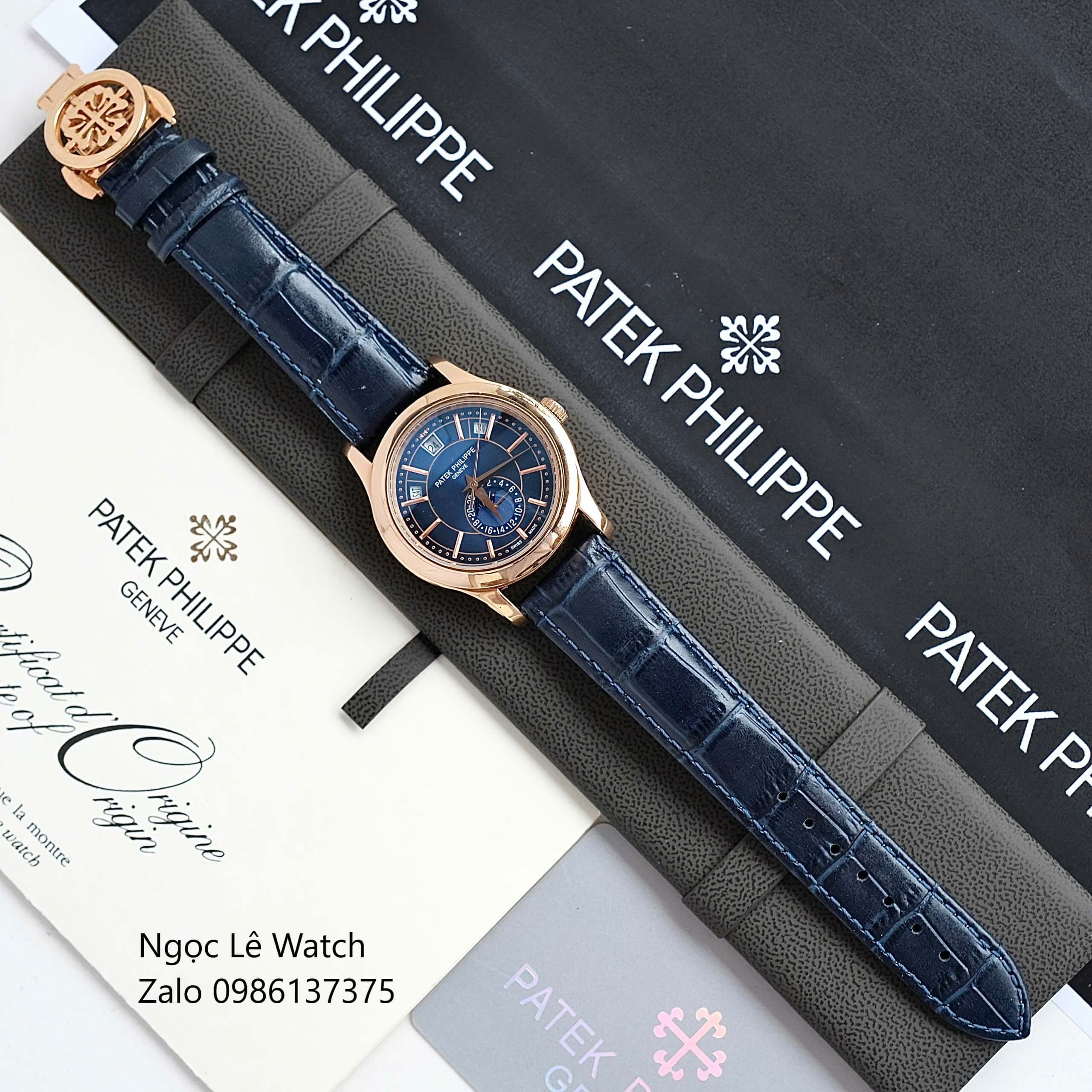 Đồng Hồ Nam Patek Philippe Tự Động Dây Da Xanh Mặt Xanh Size 40mm - Vỏ Rose Gold