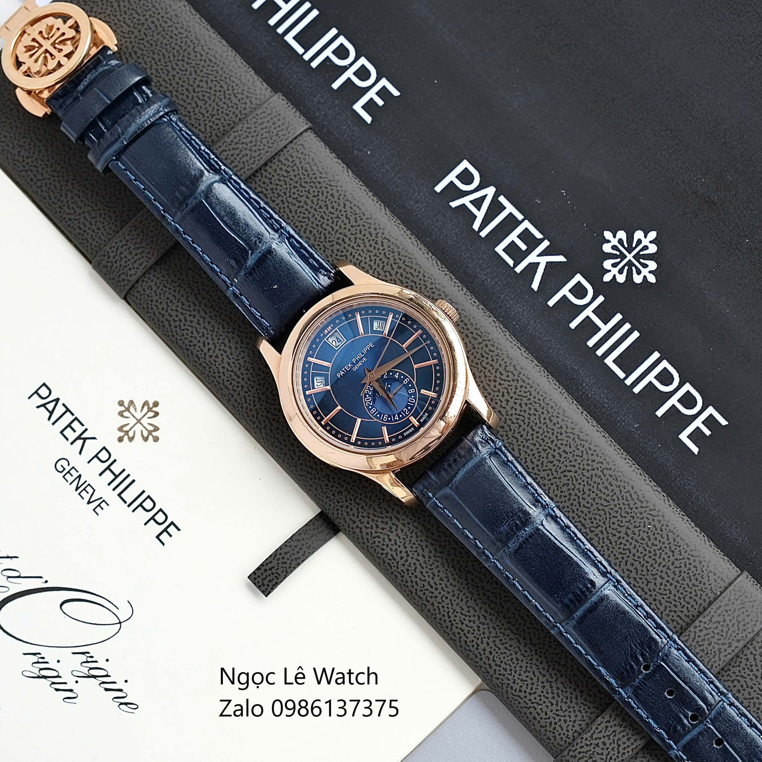 Đồng Hồ Nam Patek Philippe Tự Động Dây Da Xanh Mặt Xanh Size 40mm - Vỏ Rose Gold