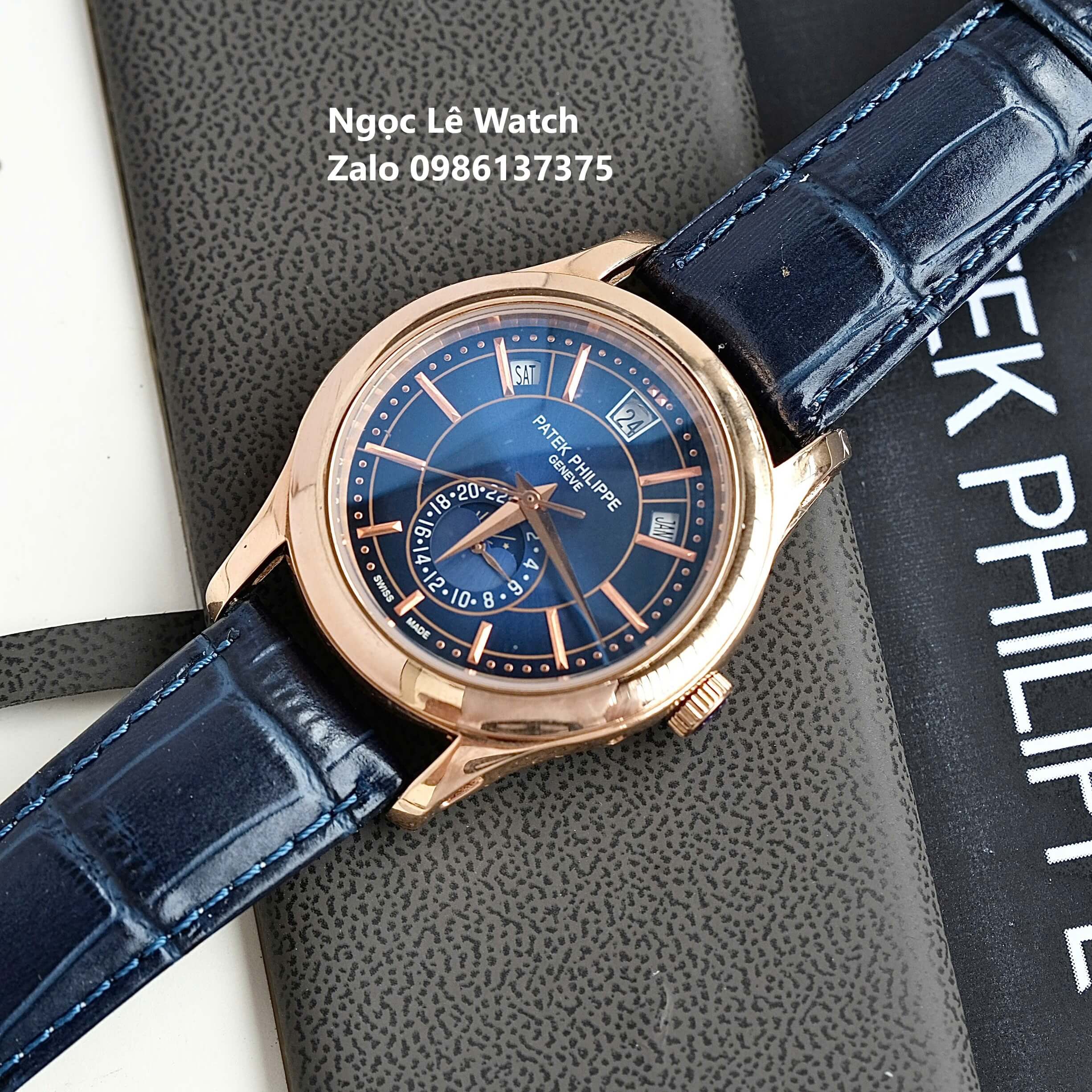 Đồng Hồ Nam Patek Philippe Tự Động Dây Da Xanh Mặt Xanh Size 40mm - Vỏ Rose Gold