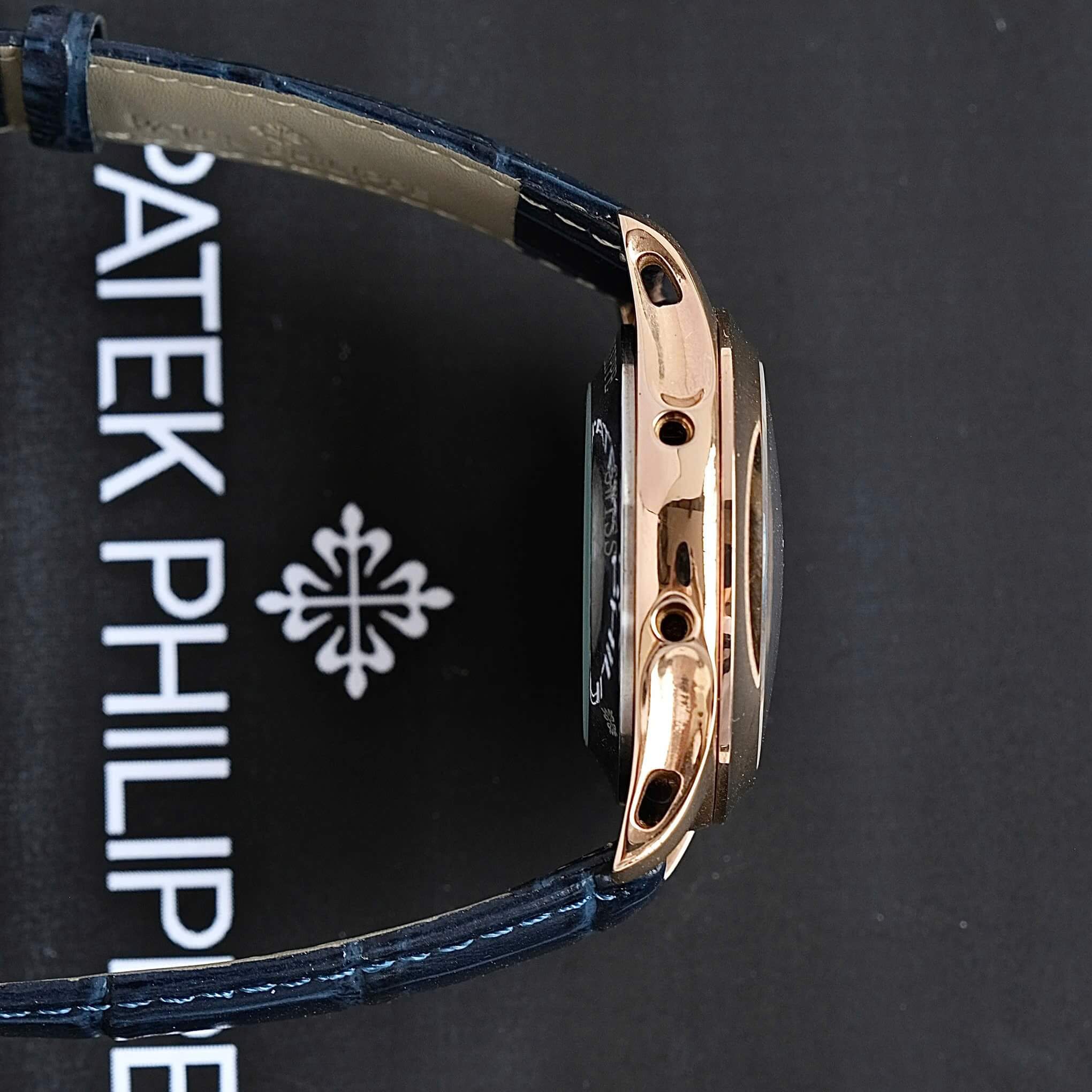 Đồng Hồ Nam Patek Philippe Tự Động Dây Da Xanh Mặt Xanh Size 40mm - Vỏ Rose Gold