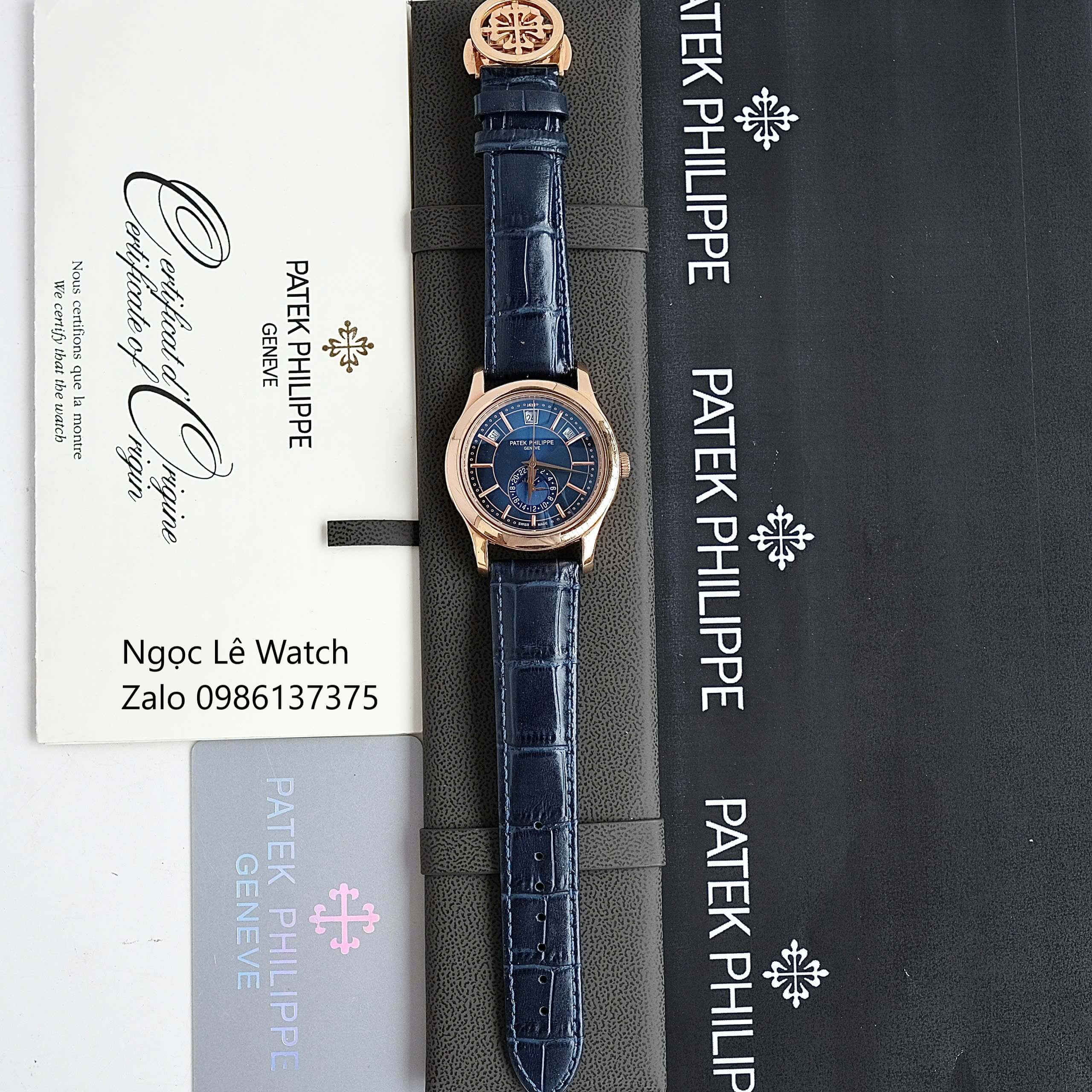 Đồng Hồ Nam Patek Philippe Tự Động Dây Da Xanh Mặt Xanh Size 40mm - Vỏ Rose Gold