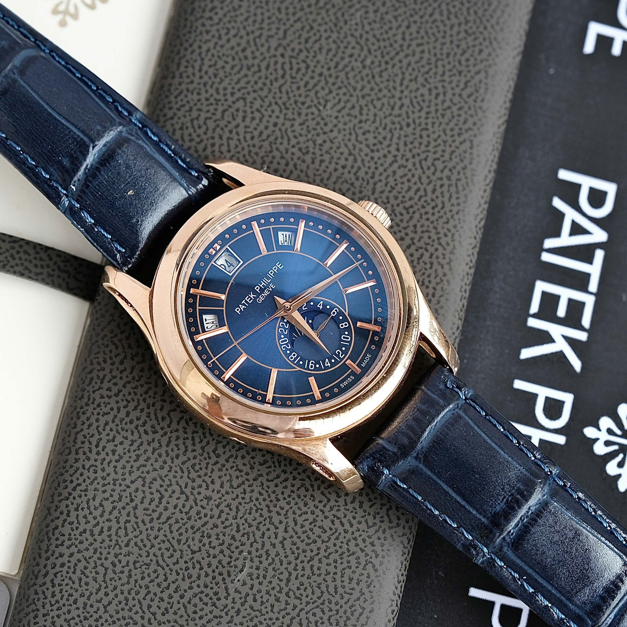 Đồng Hồ Nam Patek Philippe Tự Động Dây Da Xanh Mặt Xanh Size 40mm - Vỏ Rose Gold