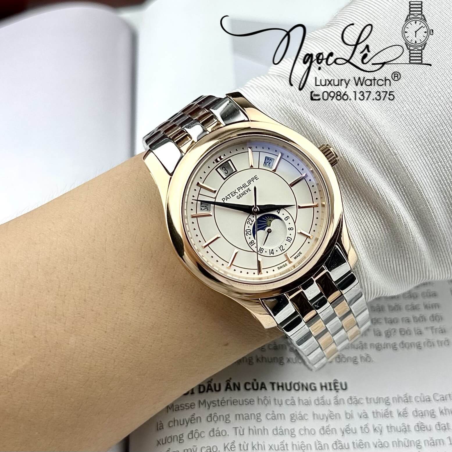 Đồng Hồ Nam Patek Philippe Tự Động Dây Kim Loại Demi Rose Mặt Trắng Size 40mm