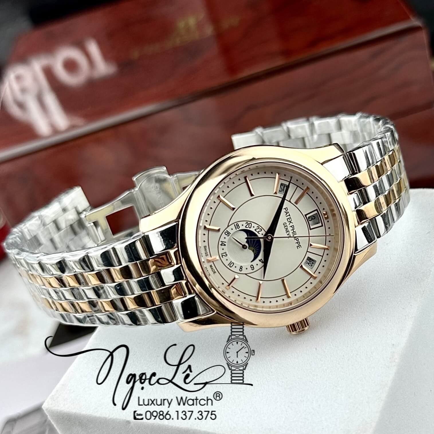 Đồng Hồ Nam Patek Philippe Tự Động Dây Kim Loại Demi Rose Mặt Trắng Size 40mm