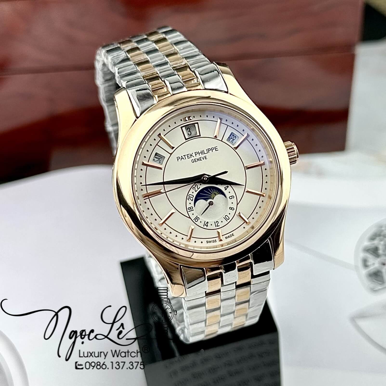 Đồng Hồ Nam Patek Philippe Tự Động Dây Kim Loại Demi Rose Mặt Trắng Size 40mm