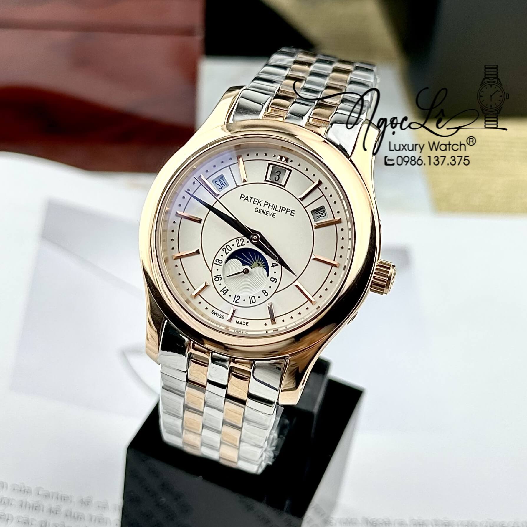 Đồng Hồ Nam Patek Philippe Tự Động Dây Kim Loại Demi Rose Mặt Trắng Size 40mm