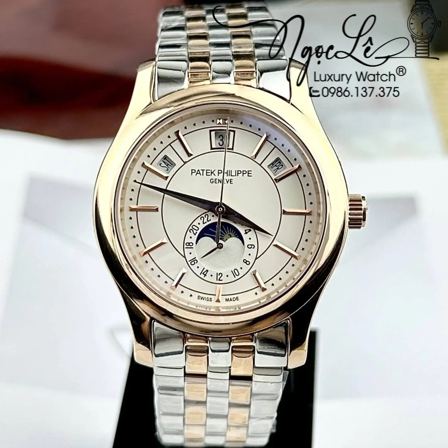 Đồng Hồ Nam Patek Philippe Tự Động Dây Kim Loại Demi Rose Mặt Trắng Size 40mm