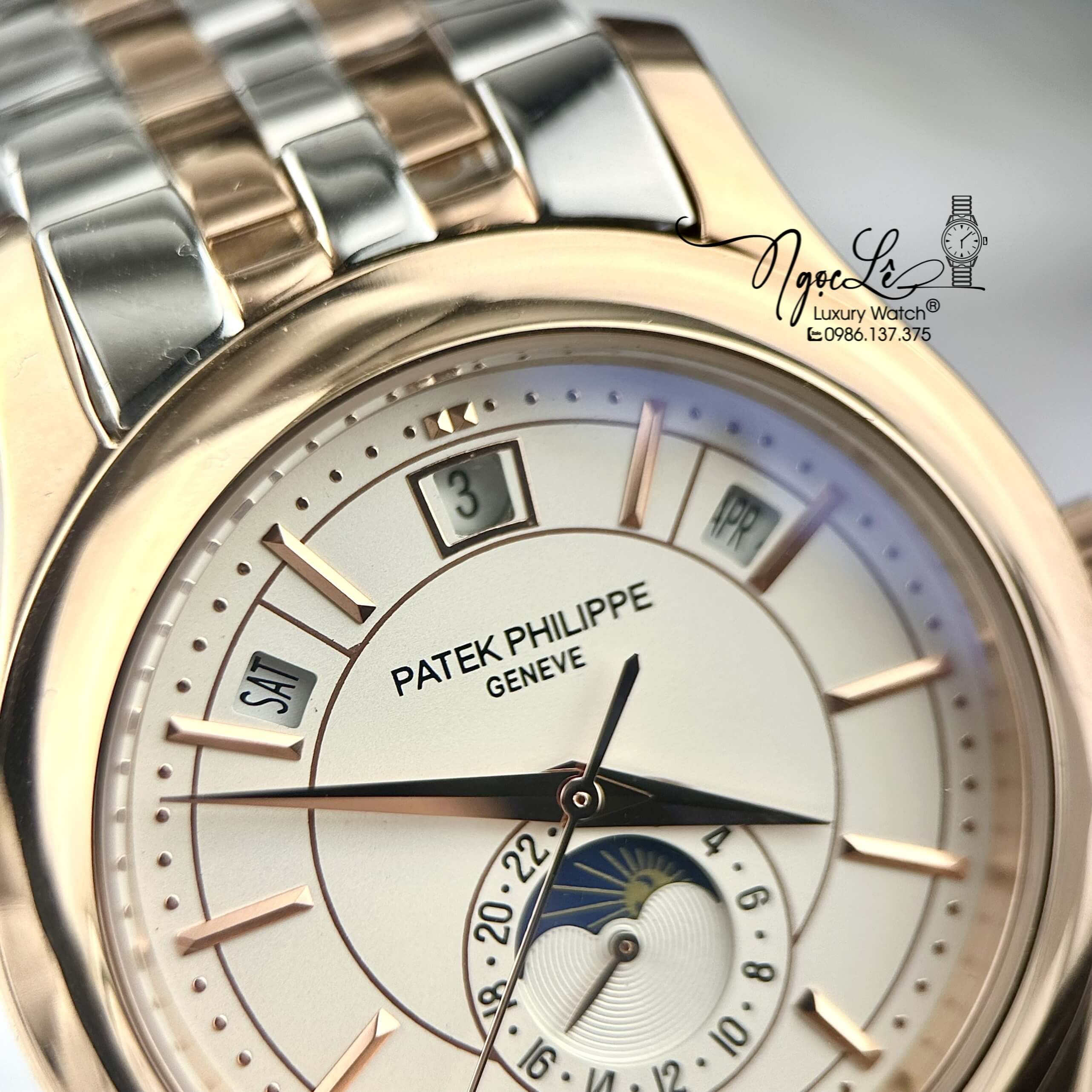 Đồng Hồ Nam Patek Philippe Tự Động Dây Kim Loại Demi Rose Mặt Trắng Size 40mm