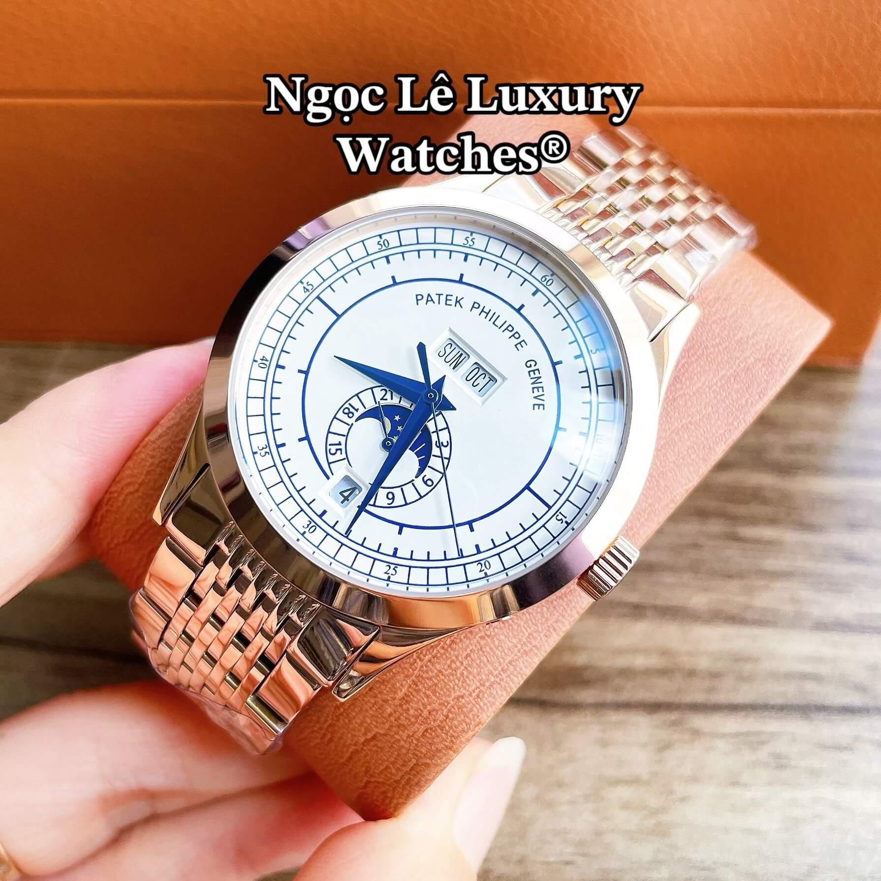 Đồng Hồ Nam Patek Philippe Complications Tự Động Dây Kim Loại Màu Vàng Hồng Mặt Trắng Size 40mm