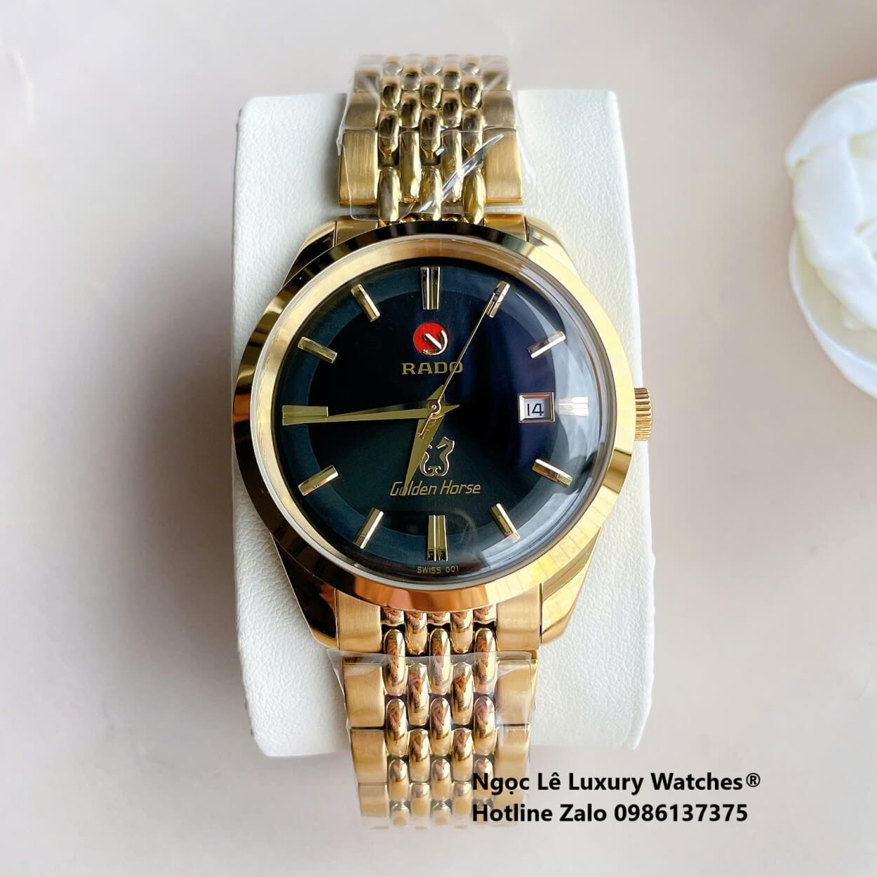 Đồng Hồ Nam Rado Golden Horse Automatic Cao Cấp Dây Vàng Mặt Đen Size 40mm - Sapphire