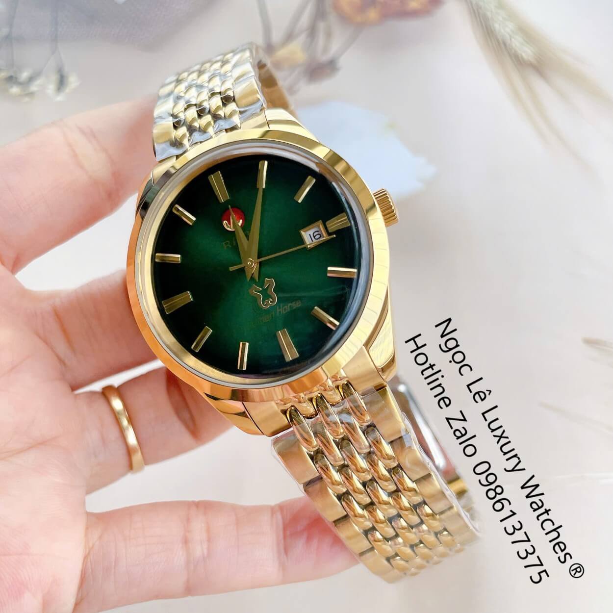 Đồng Hồ Nam Rado Golden Horse Automatic Cao Cấp Dây Vàng Mặt Ombre Xanh Lá Size 40mm - Sapphire