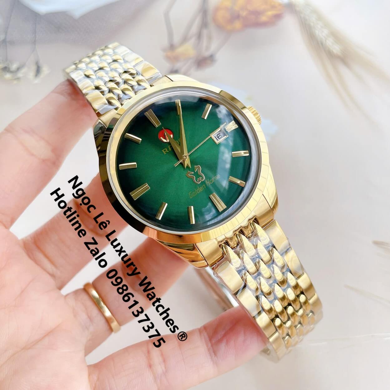 Đồng Hồ Nam Rado Golden Horse Automatic Cao Cấp Dây Vàng Mặt Ombre Xanh Lá Size 40mm - Sapphire