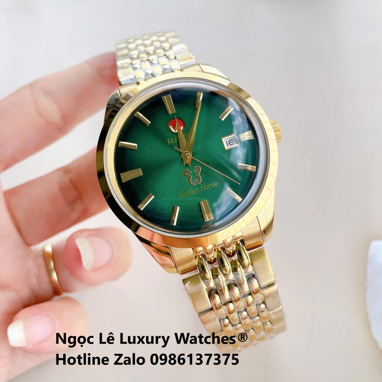 Đồng Hồ Nam Rado Golden Horse Automatic Cao Cấp Dây Vàng Mặt Ombre Xanh Lá Size 40mm - Sapphire