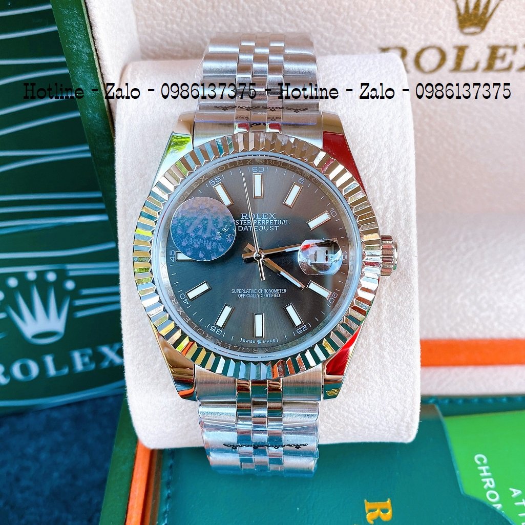 Đồng Hồ Nam Rolex Automatic 1 Lịch Viền Khía Bạc Đen 41mm