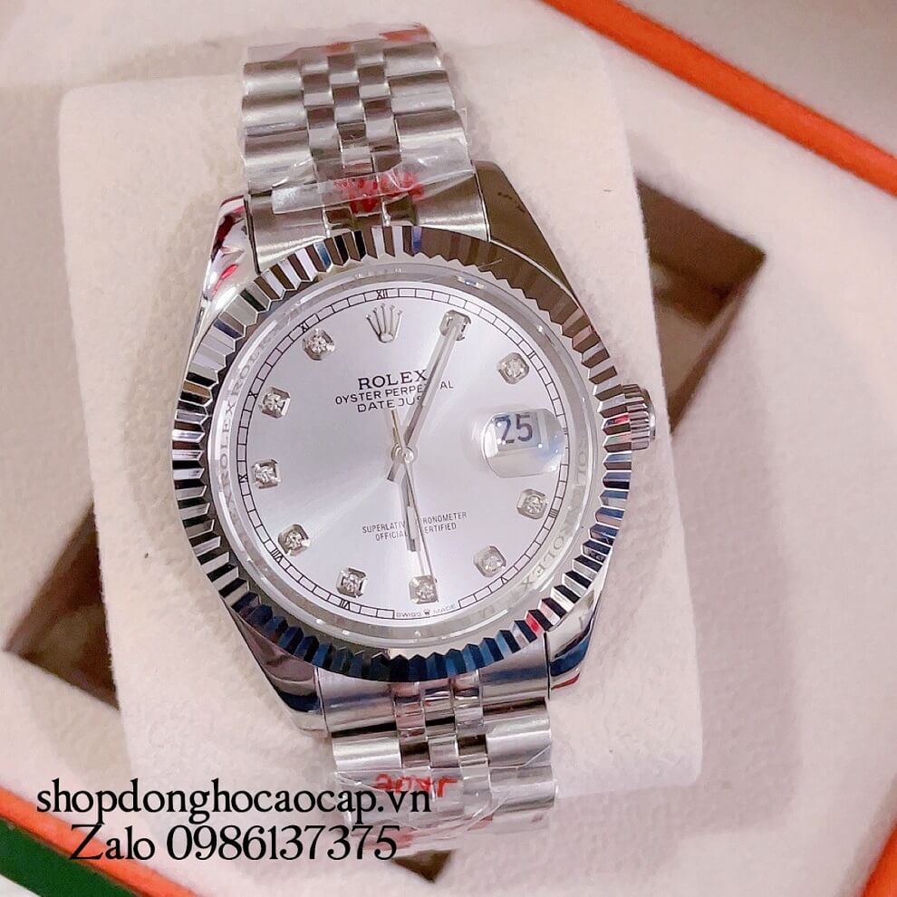 Đồng Hồ Nam Rolex Datejust Automatic 1 Lịch Viền Khía Bạc Trắng 41mm