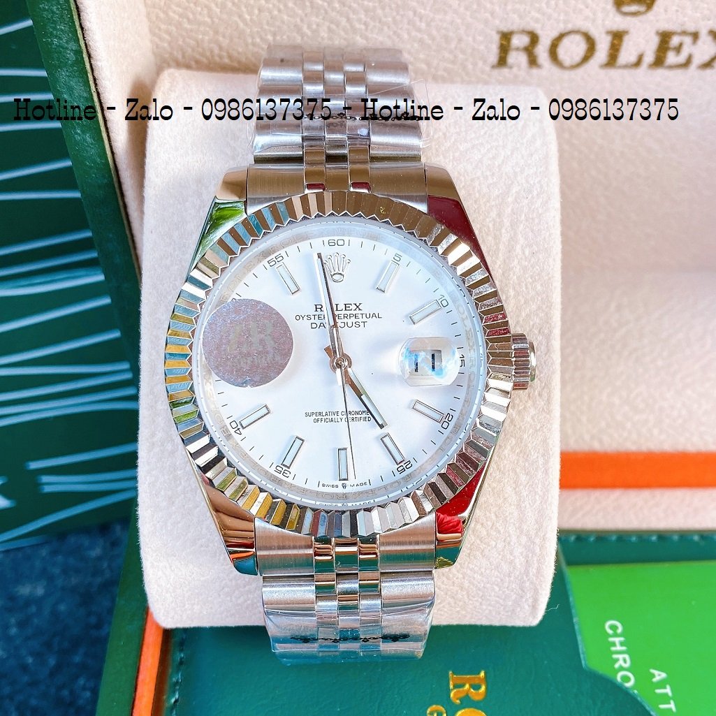 Đồng Hồ Nam Rolex Automatic 1 Lịch Viền Khía Bạc Trắng 41mm