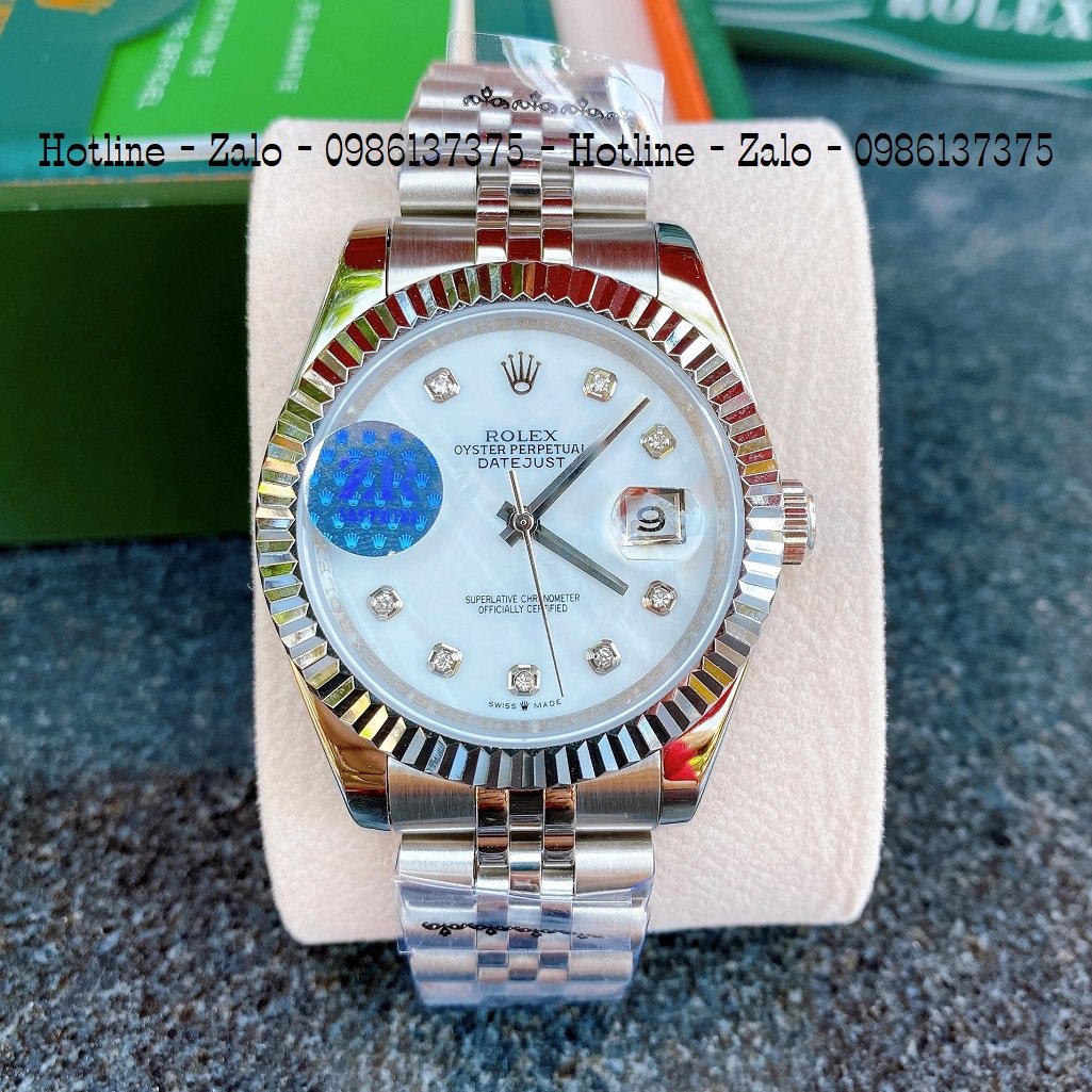 Đồng Hồ Nam Rolex Automatic 1 Lịch Viền Khía Bạc Trắng Ngọc 41mm