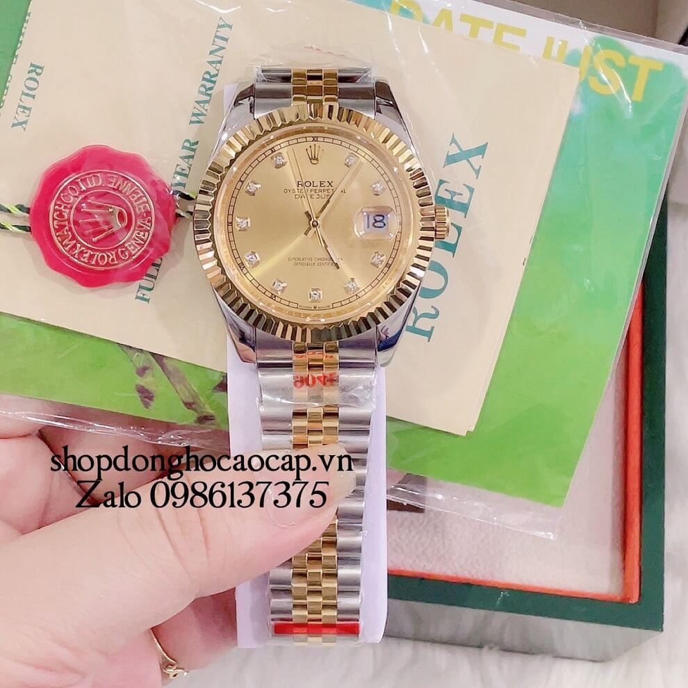 Đồng Hồ Nam Rolex Automatic 1 Lịch Viền Khía Demi Vàng 41mm