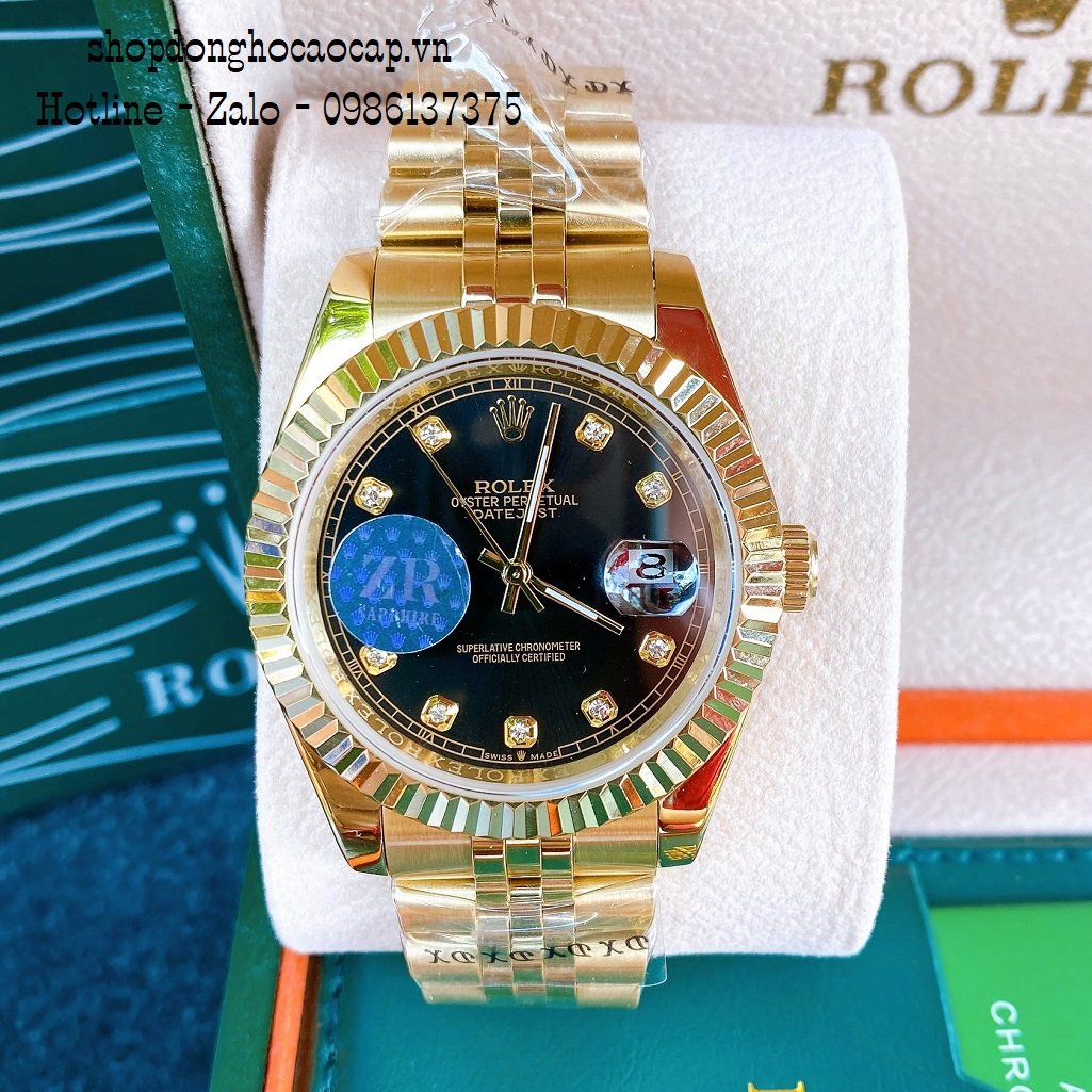 Đồng Hồ Nam Rolex Automatic 1 Lịch Viền Khía Vàng Đen 41mm