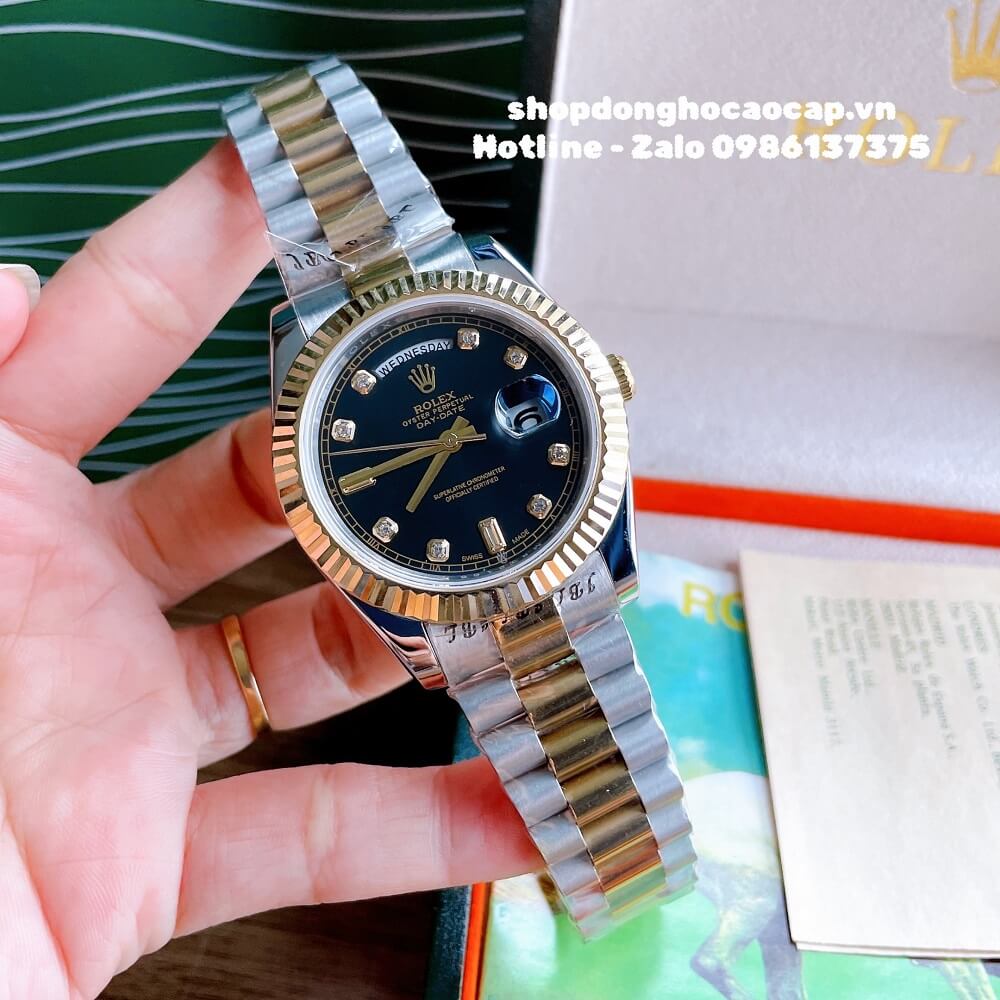 Đồng Hồ Nam Rolex Automatic 2 Lịch Viền Khía Demi Đen Gold 41mm