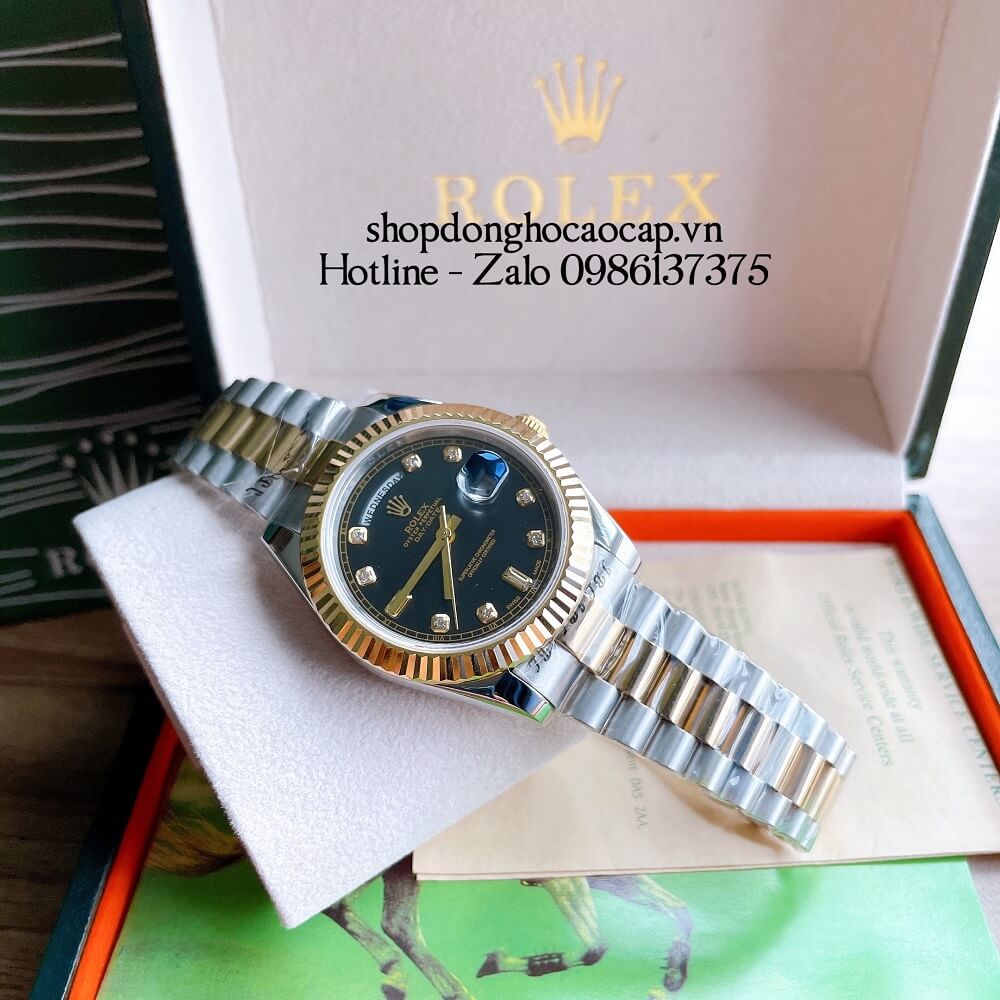 Đồng Hồ Nam Rolex Automatic 2 Lịch Viền Khía Demi Đen Gold 41mm