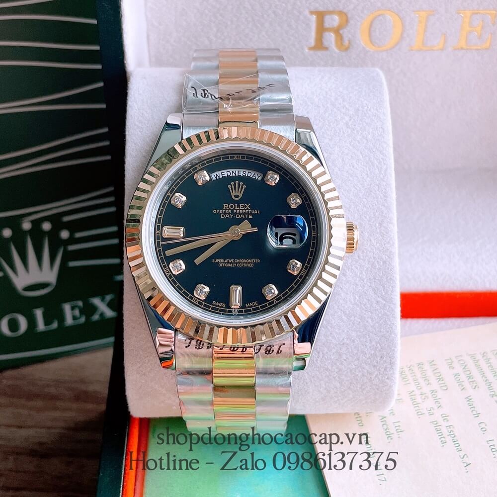 Đồng Hồ Nam Rolex Automatic 2 Lịch Viền Khía Demi Đen Gold 41mm