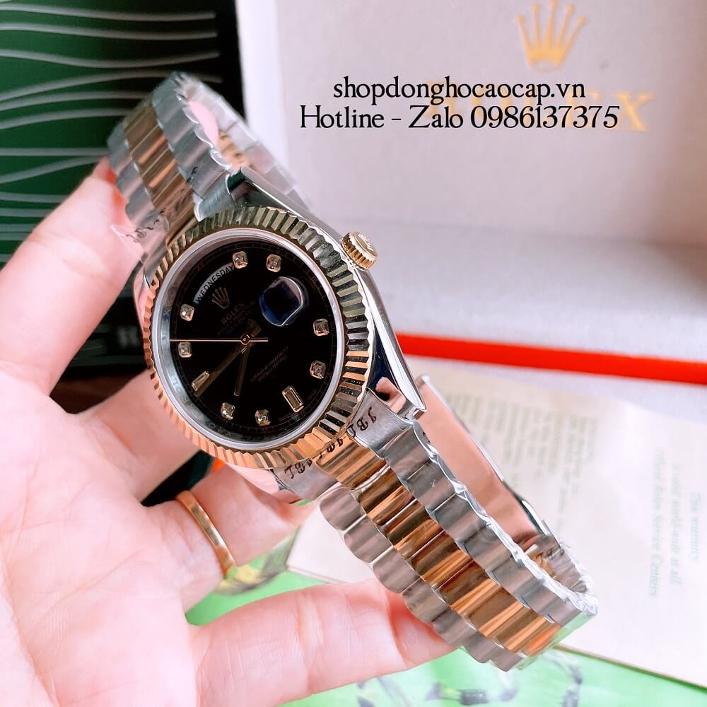 Đồng Hồ Nam Rolex Automatic 2 Lịch Viền Khía Demi Đen Gold 41mm
