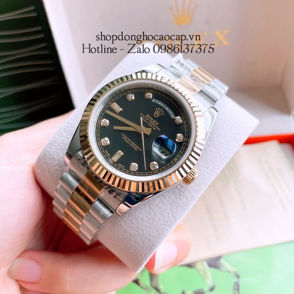 Đồng Hồ Nam Rolex Automatic 2 Lịch Viền Khía Demi Đen Gold 41mm