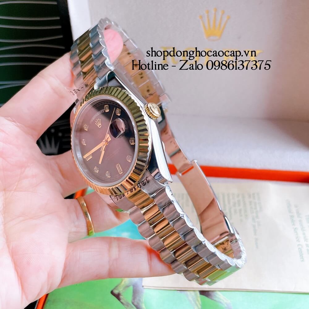 Đồng Hồ Nam Rolex Automatic 2 Lịch Viền Khía Demi Đen Gold 41mm