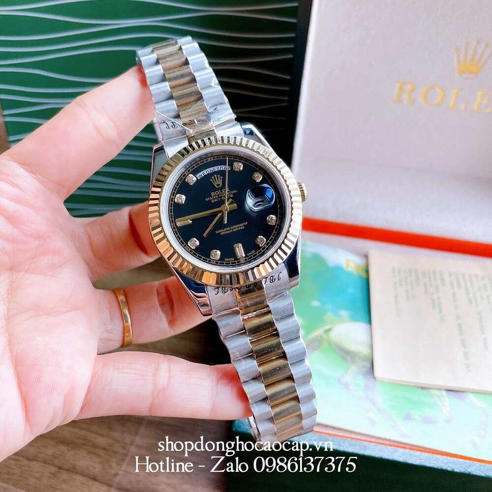 Đồng Hồ Nam Rolex Automatic 2 Lịch Viền Khía Demi Đen Gold 41mm