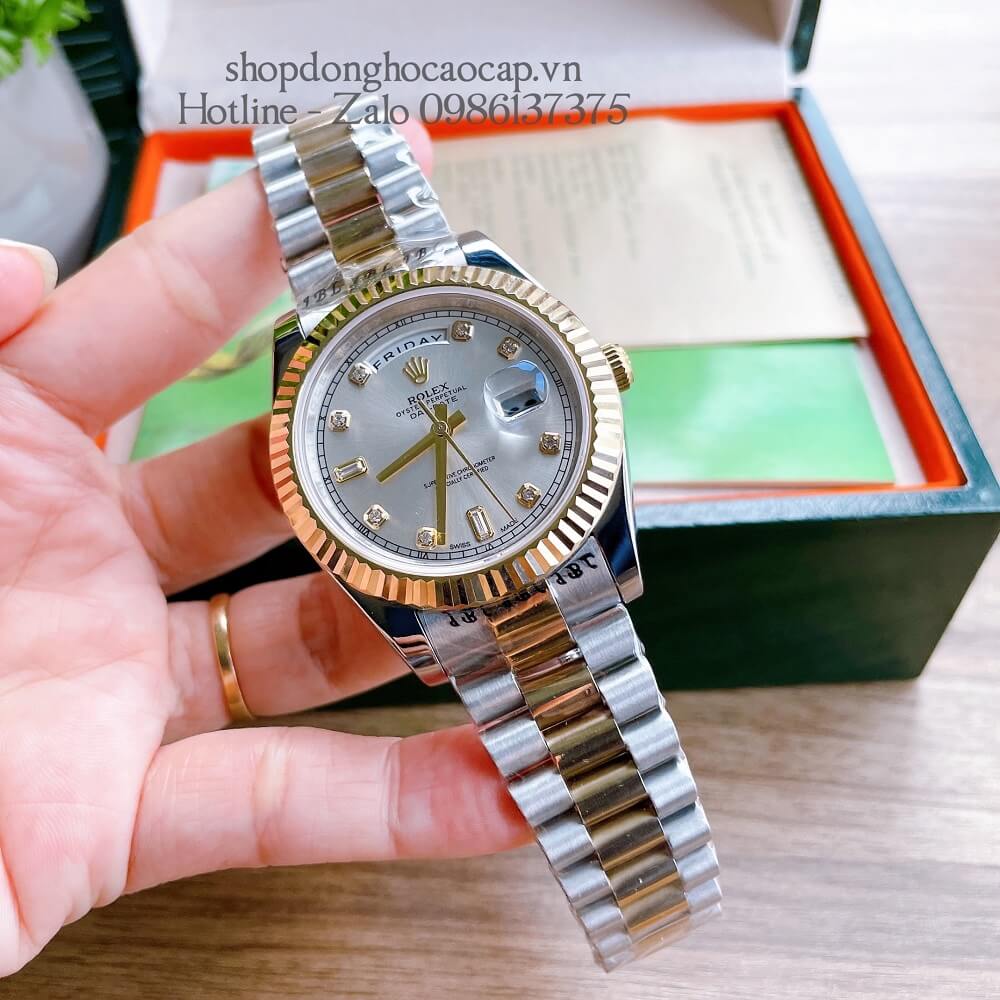 Đồng Hồ Nam Rolex Automatic 2 Lịch Viền Khía Demi Trắng Gold 41mm