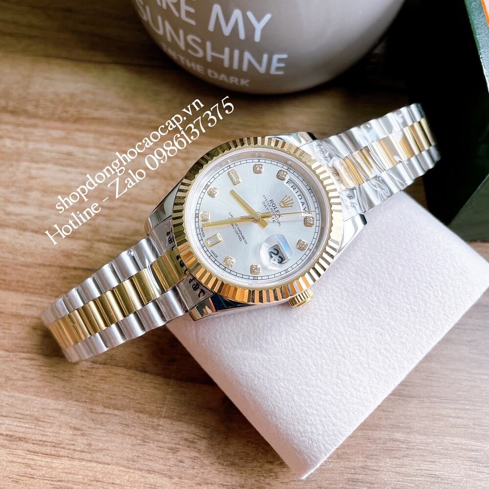 Đồng Hồ Nam Rolex Automatic 2 Lịch Viền Khía Demi Trắng Gold 41mm