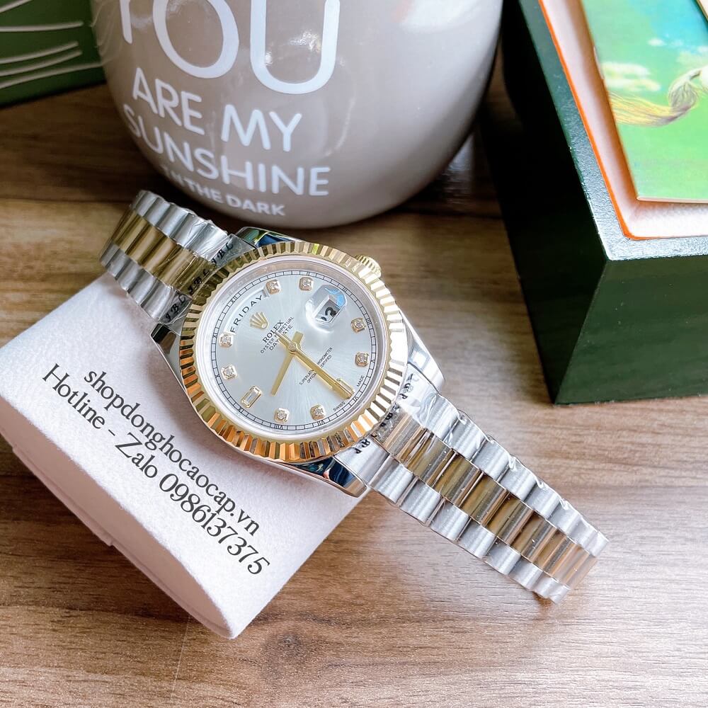 Đồng Hồ Nam Rolex Automatic 2 Lịch Viền Khía Demi Trắng Gold 41mm