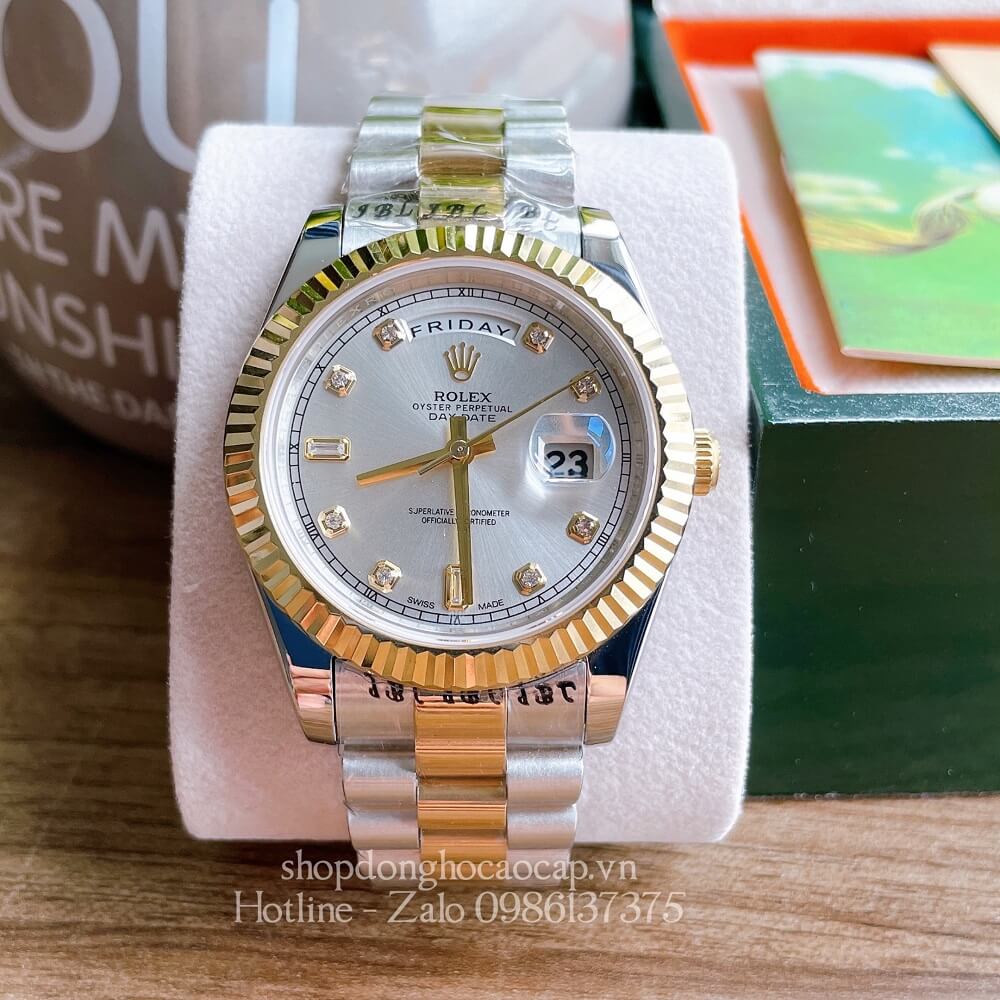 Đồng Hồ Nam Rolex Automatic 2 Lịch Viền Khía Demi Trắng Gold 41mm