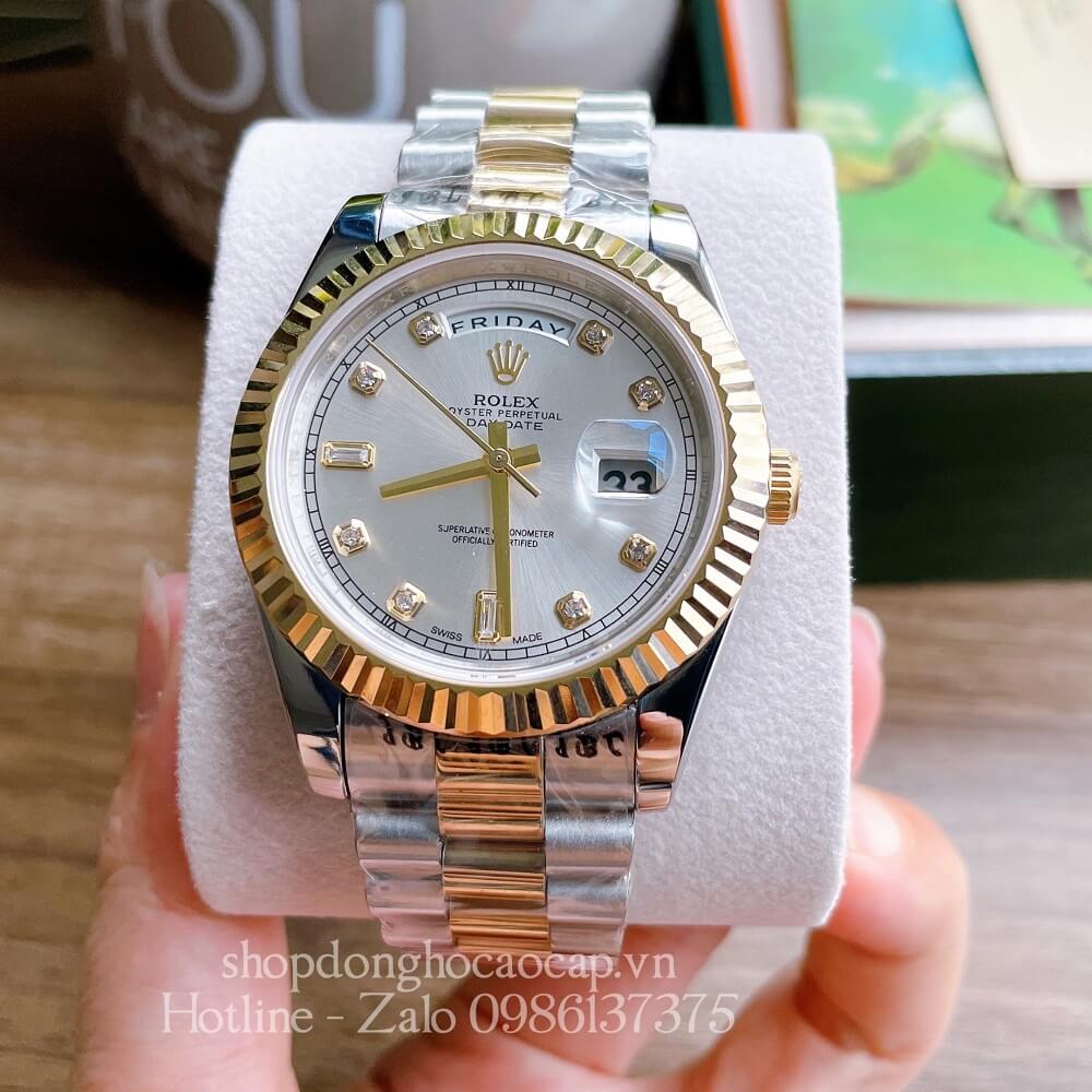 Đồng Hồ Nam Rolex Automatic 2 Lịch Viền Khía Demi Trắng Gold 41mm