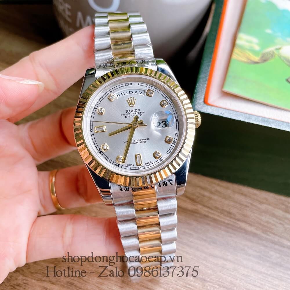 Đồng Hồ Nam Rolex Automatic 2 Lịch Viền Khía Demi Trắng Gold 41mm