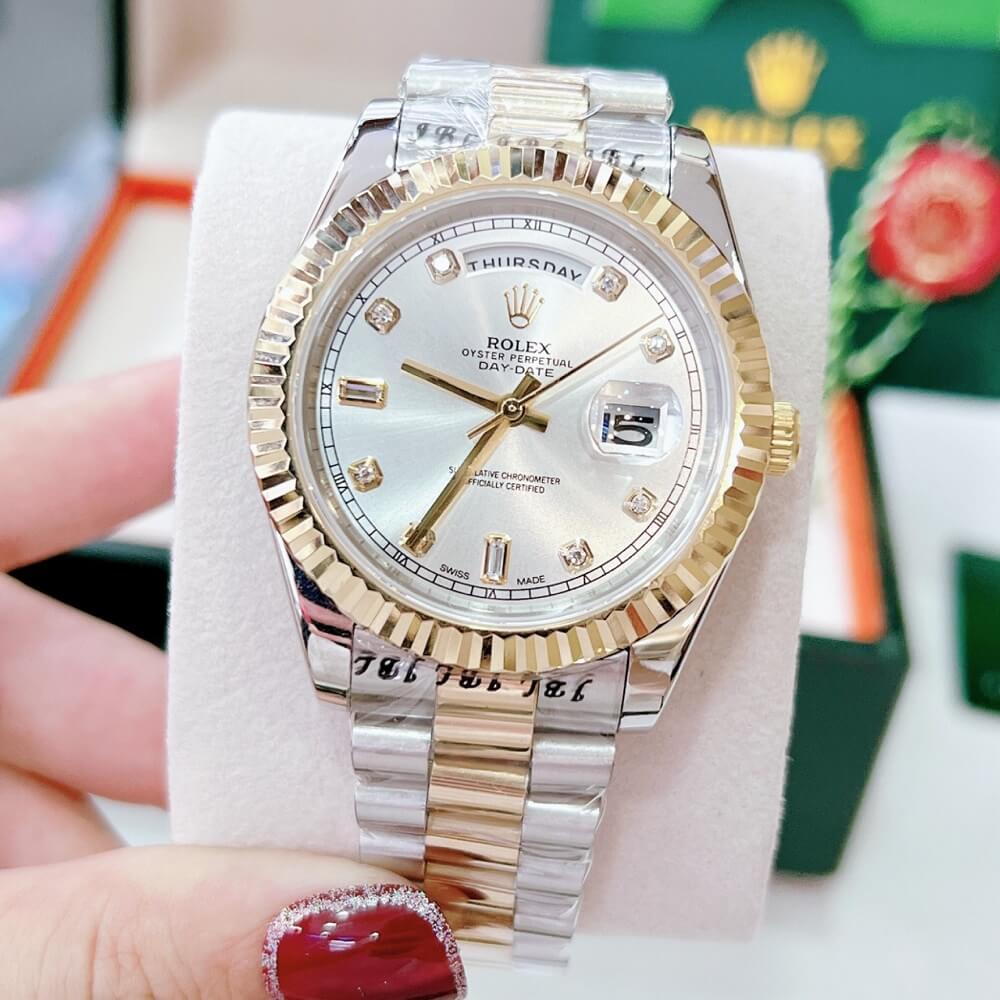Đồng Hồ Nam Rolex Automatic 2 Lịch Viền Khía Demi Trắng Gold 41mm