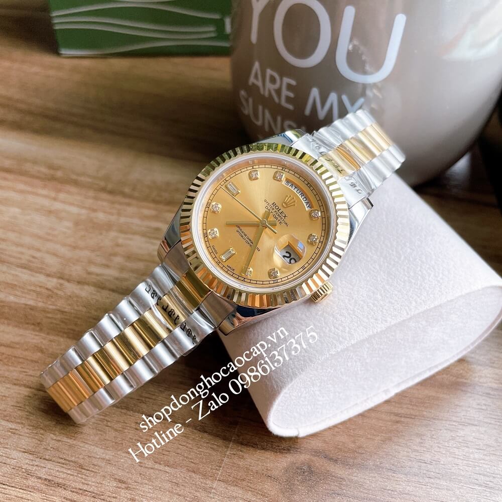 Đồng Hồ Nam Rolex Automatic 2 Lịch Viền Khía Demi Vàng Gold 41mm