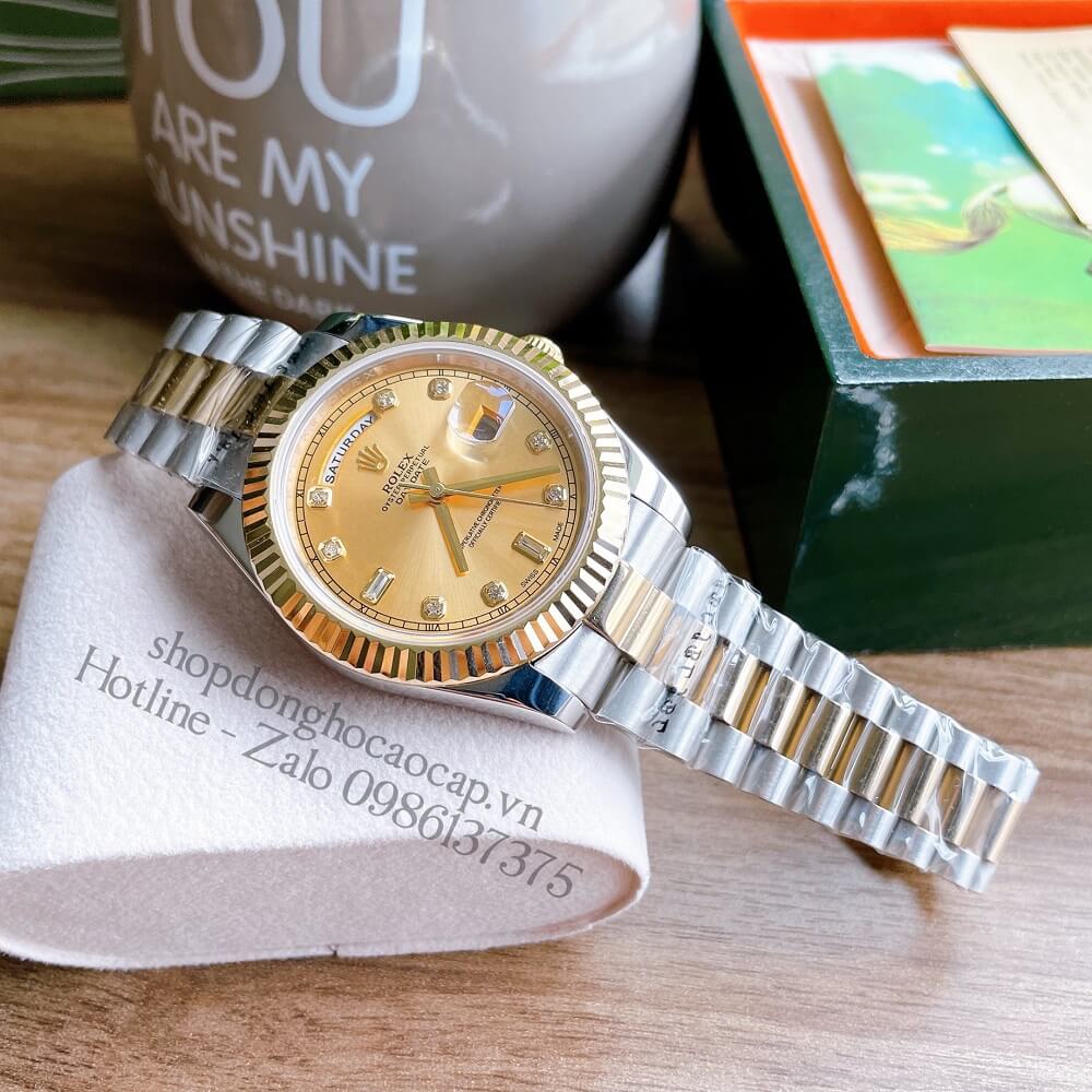 Đồng Hồ Nam Rolex Automatic 2 Lịch Viền Khía Demi Vàng Gold 41mm