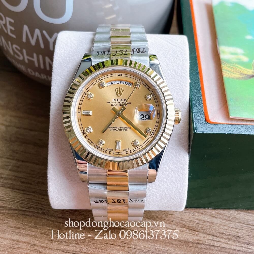 Đồng Hồ Nam Rolex Automatic 2 Lịch Viền Khía Demi Vàng Gold 41mm